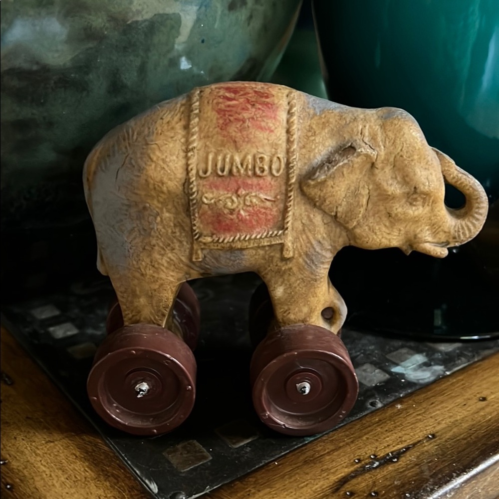 Vintage Elephant Figurine on Wheels - Tan and Brown